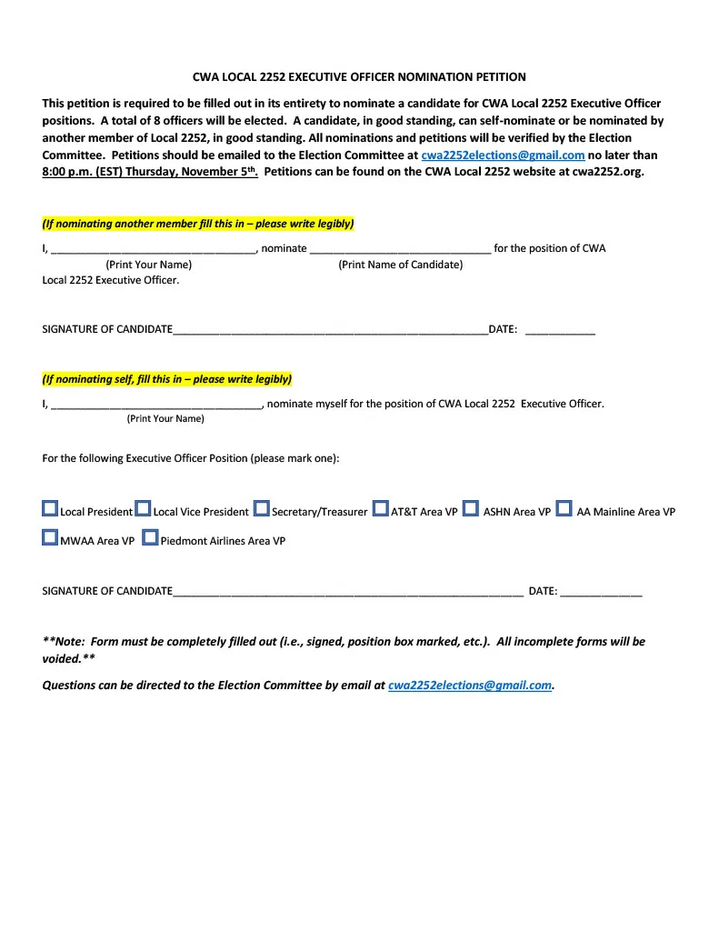 CWA LOCAL 2252 EXECUTIVE OFFICER NOMINATION PETITION